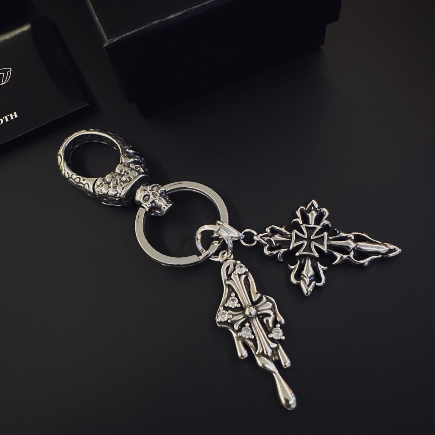 Chrome Hearts Silver Keychain with Skull and Cross Charms
